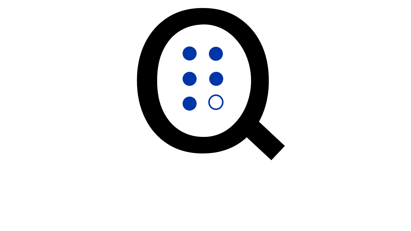 Logo simple del proyecto Qualia. Está compuesto por la Q mayúscula, que semeja una lupa que en su interior detalla el signo en braille para esta letra.
